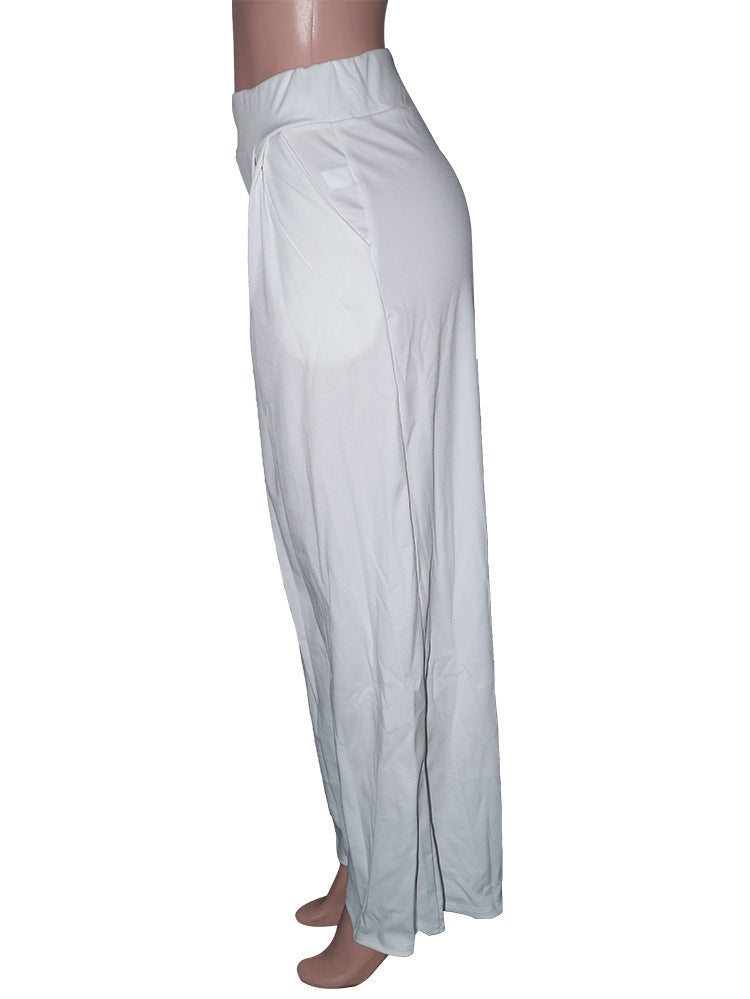 Women Summer White Wide Legges High Waist Casual Trousers 4