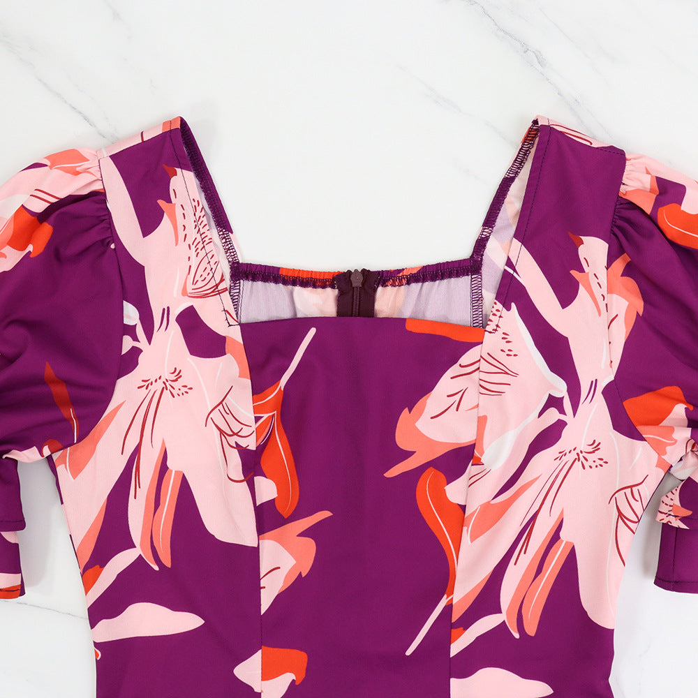 Romantic Chic Women's Square Neck Slim Waist Pocket Ruffle A-Line Dress 7