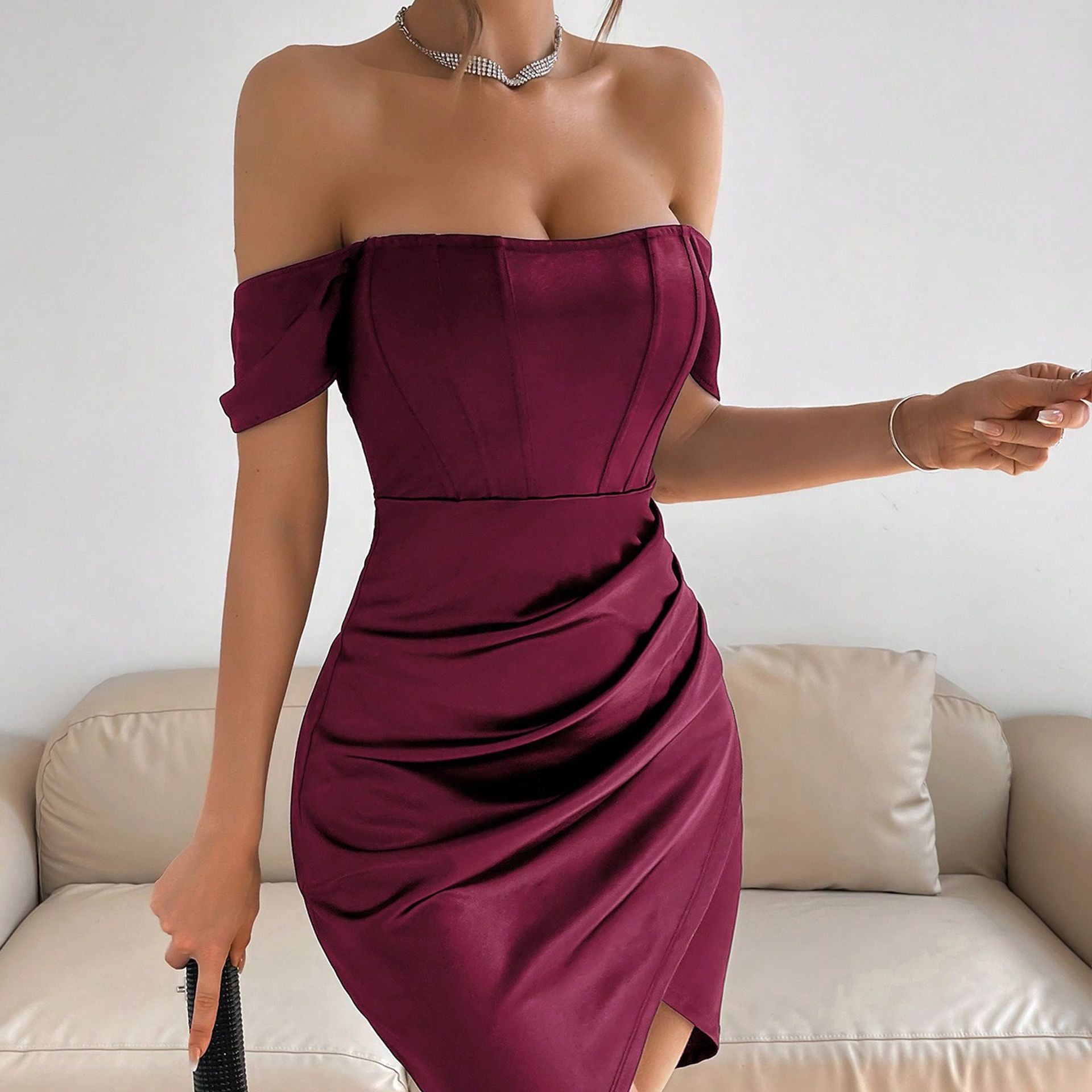 Fall Sexy Solid Color Off Shoulder Women's Dress 5