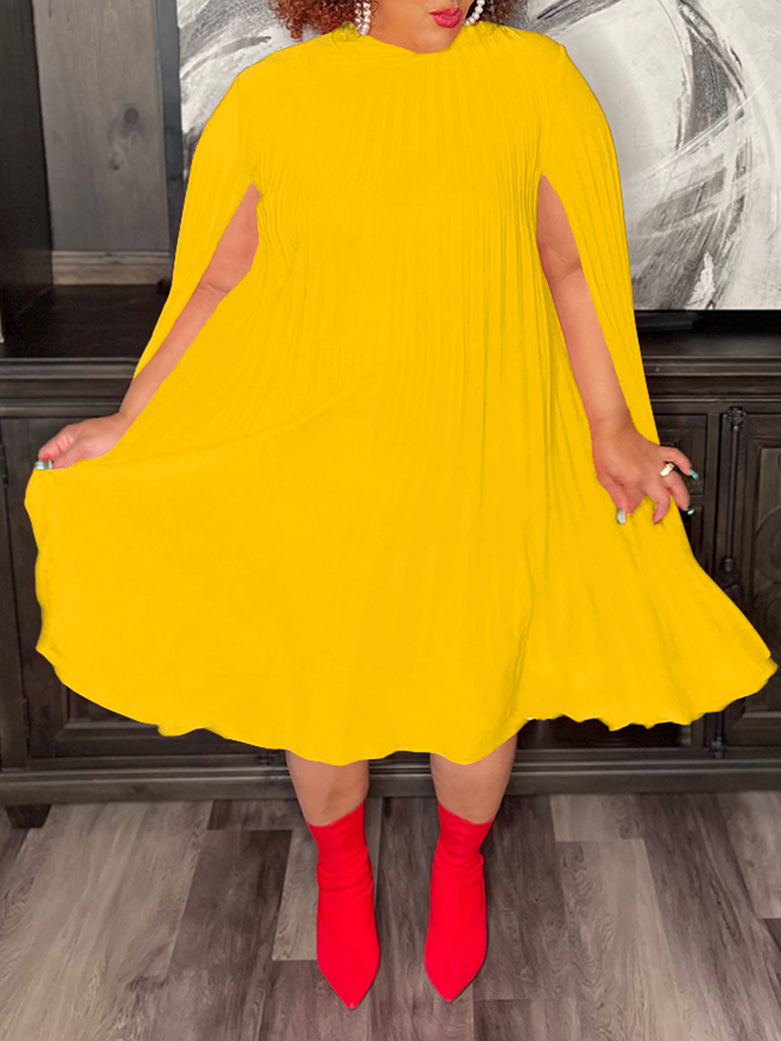 Women's Fashion Chic Elegant Cape Sleeve Loose Pleated Plus Size African Dress 9