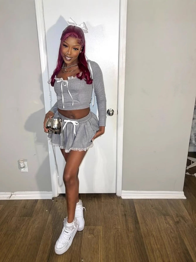 Hood Patchwork Gray Short T-Shirt A-Line Skirt Women's Autumn Two Piece Set 3