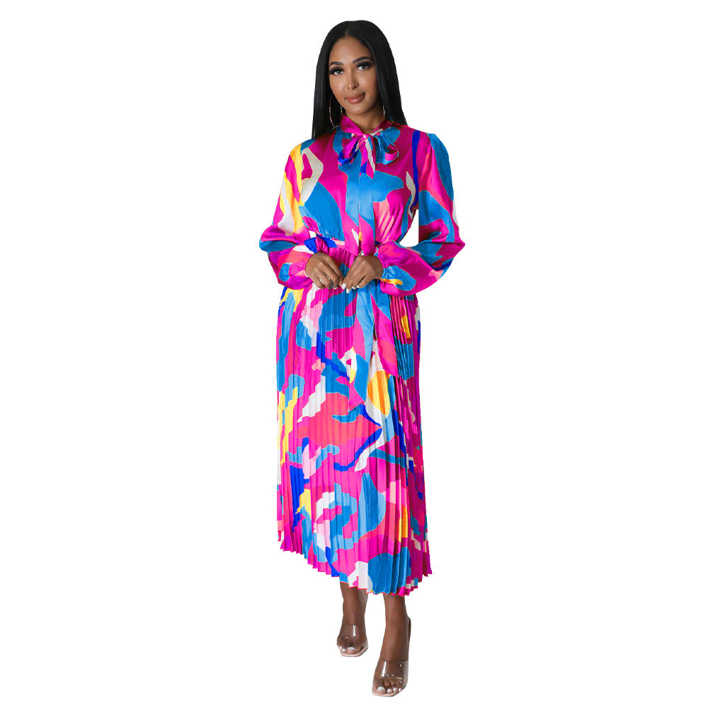 Women's Tie Long Sleeve Printed Pleated Dress 10