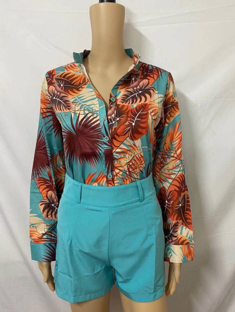Summer Formal Print Green Long Sleeve Blouse and Plain Shorts 2 Piece Set 3