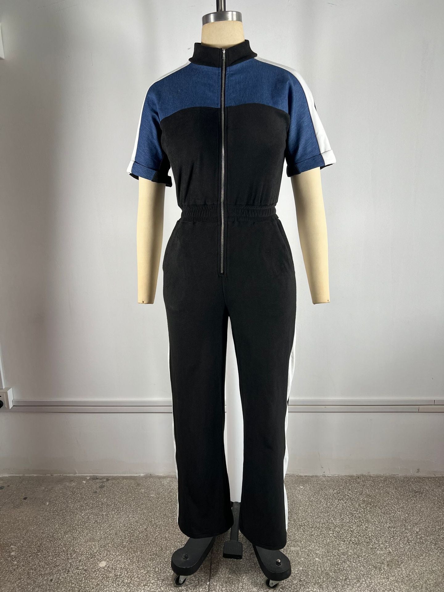 Women's Denim Patchwork Color-Block Stand Collar Short Sleeve Long Zip Jumpsuit 11