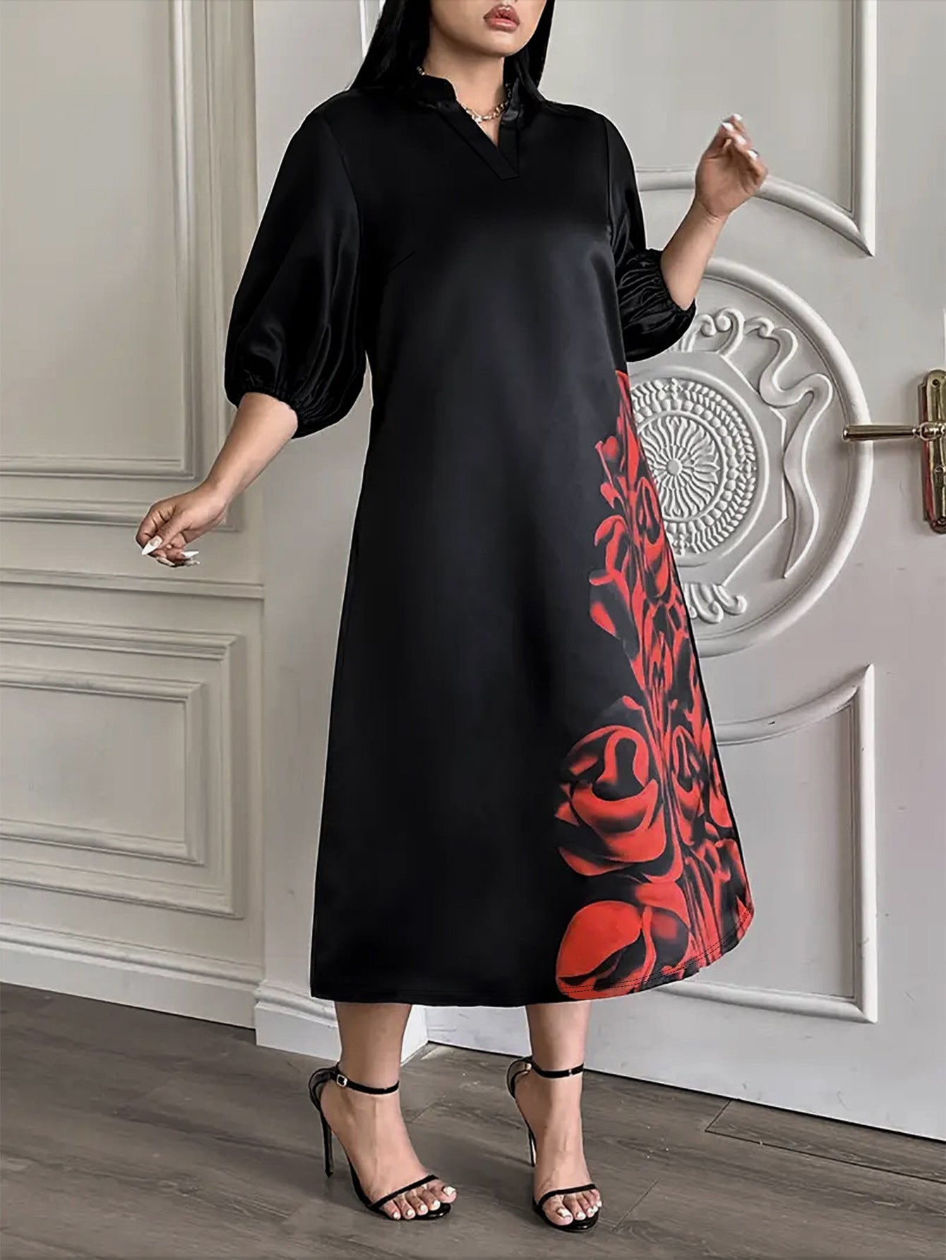 Half Sleeve V-Neck A-Line Plus-Size Dress 4