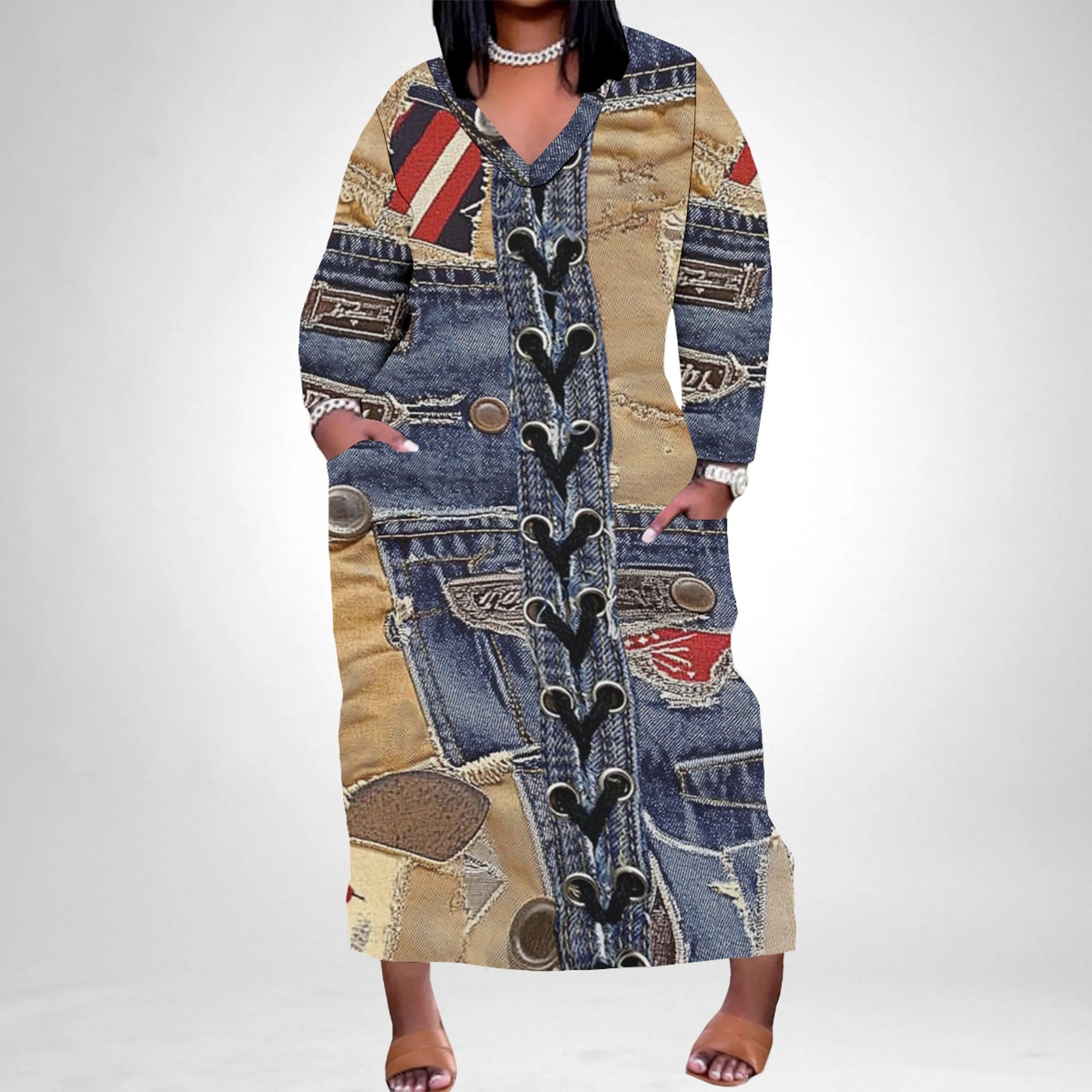 Women's Casual Printed Long Sleeves Plus Size Dress 3