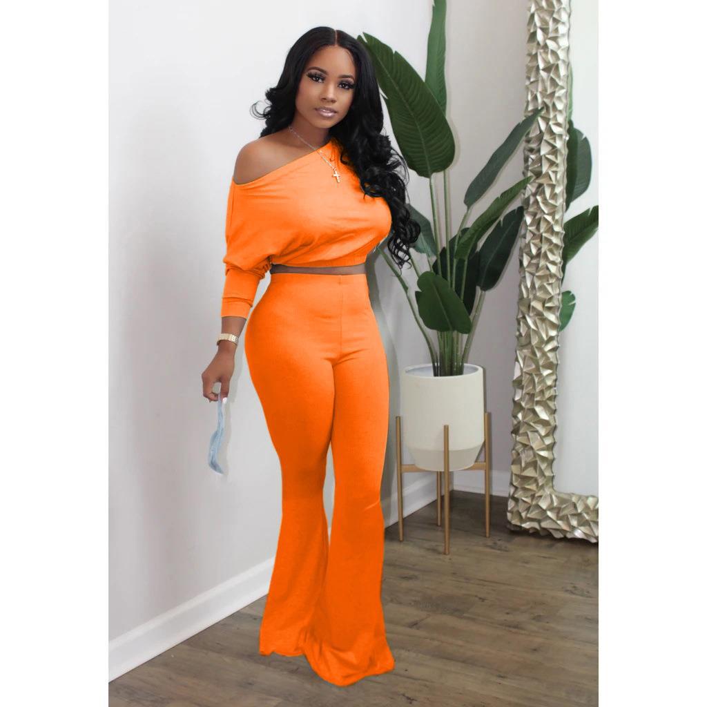 Women's Casual Bat Long-Sleeved Top Bell Bottom Pants Two-Piece Set 7