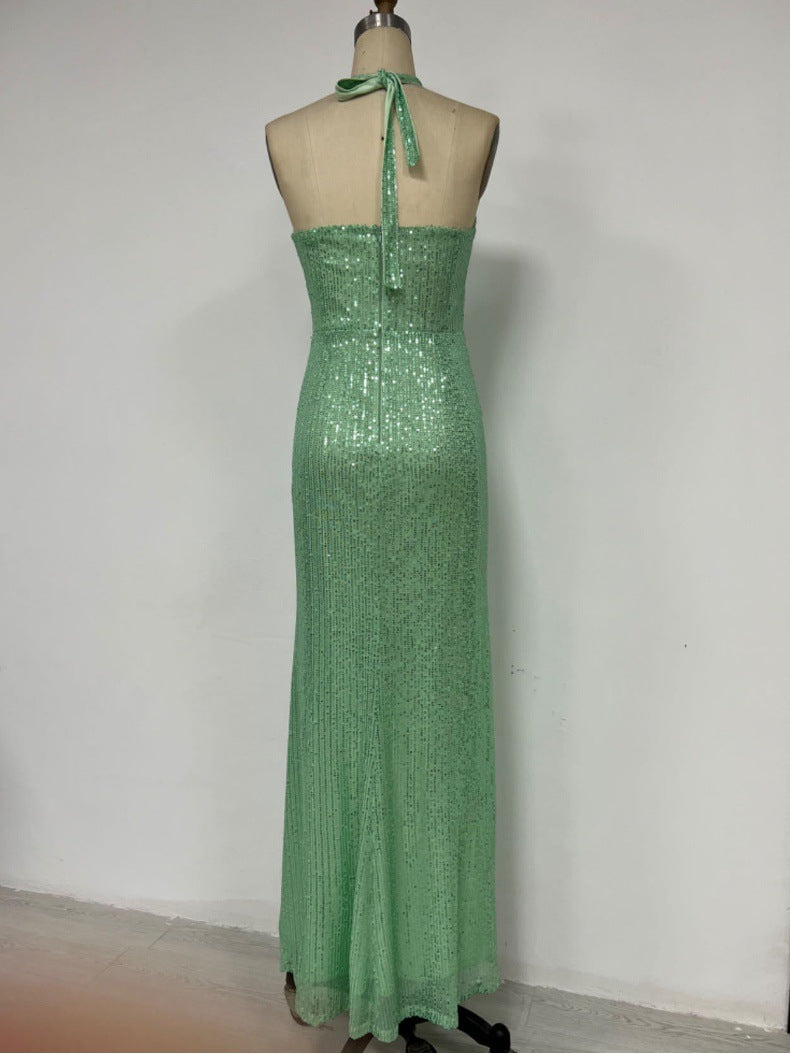 Summer Sexy Chic Dress Sequined Halter Neck Slim Evening Gown 12