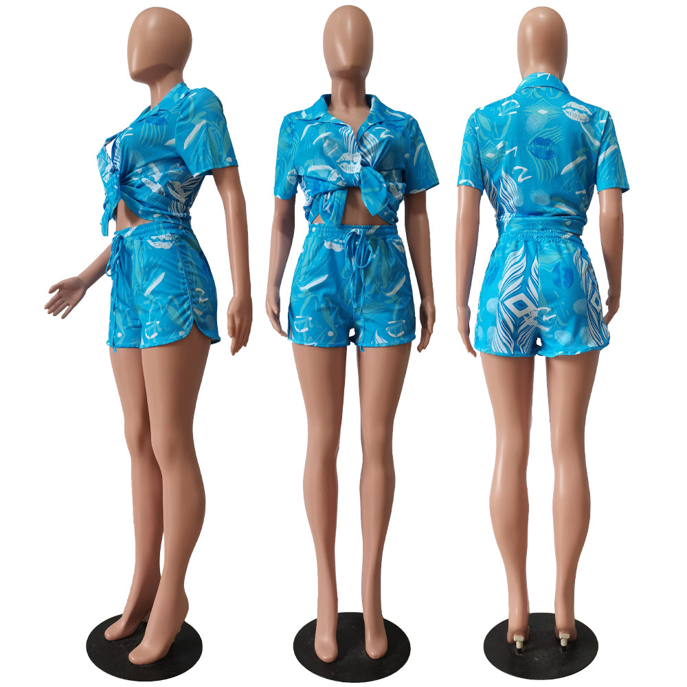 Summer Fashion Print Multicolor Shirt Shorts Casual Set 35