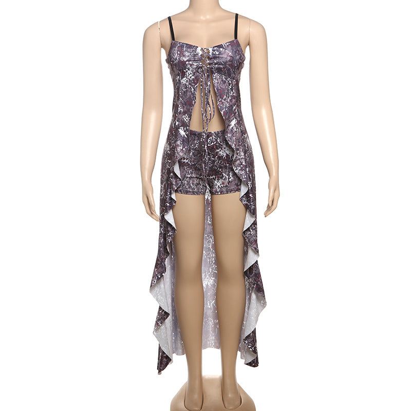 Women summer trendy print sleeveless top and shorts two piece set 5