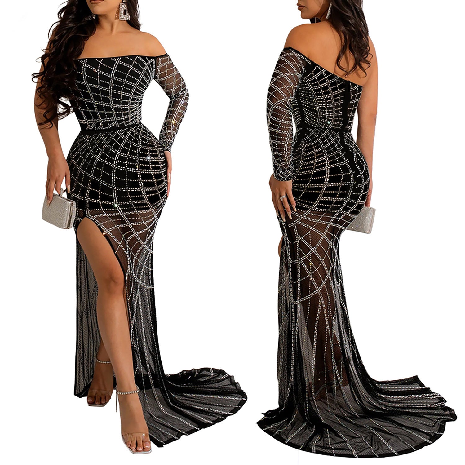Sexy Off Shoulder See-Through Beaded High Slit Nightclub Party Dress 3