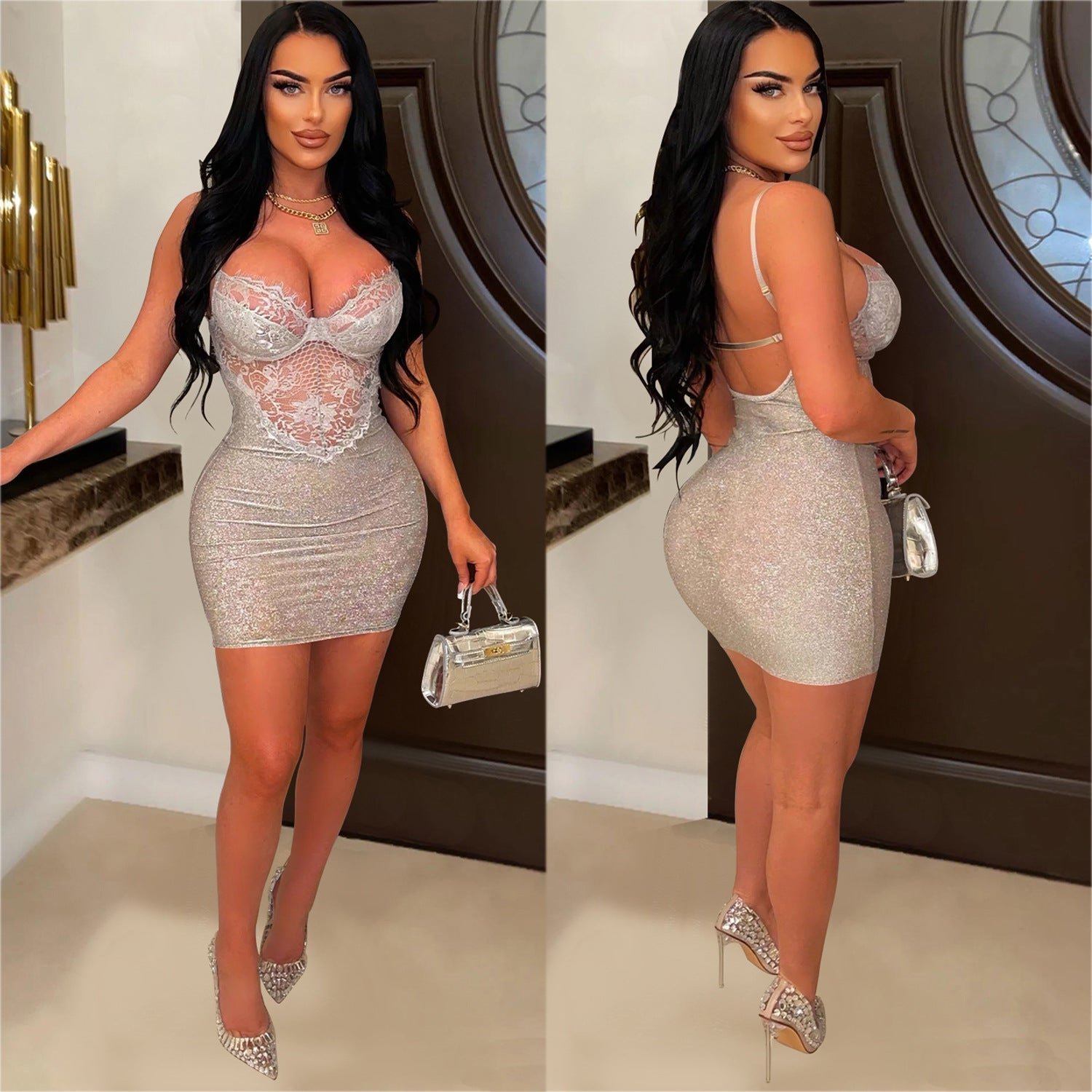 Fashion Ladies Solid Color Sleeveless Skirt Floral Mesh Strap Dress 4