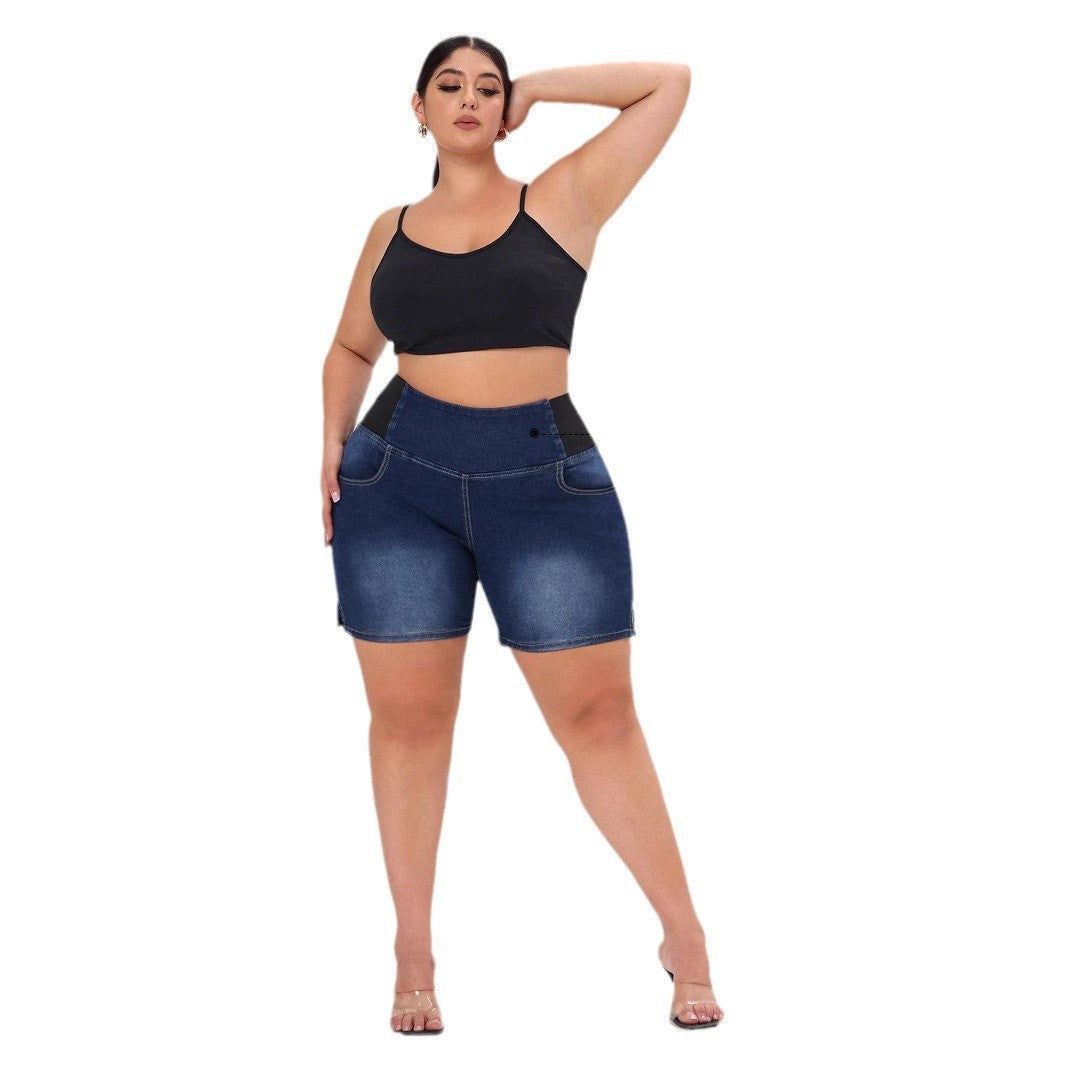 Plus Size Women Elastic Waist Denim Shorts 5