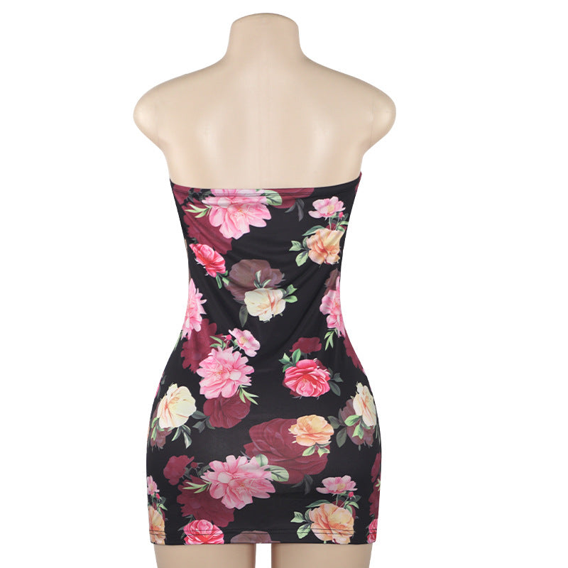 Summer Fashion Flower Print Sexy Strapless Short Dress 6