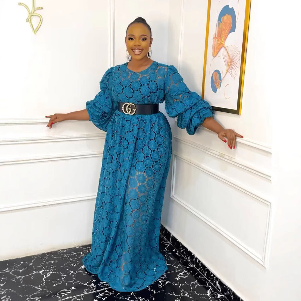 Plus Size Women African Round Neck Lace Dress 9