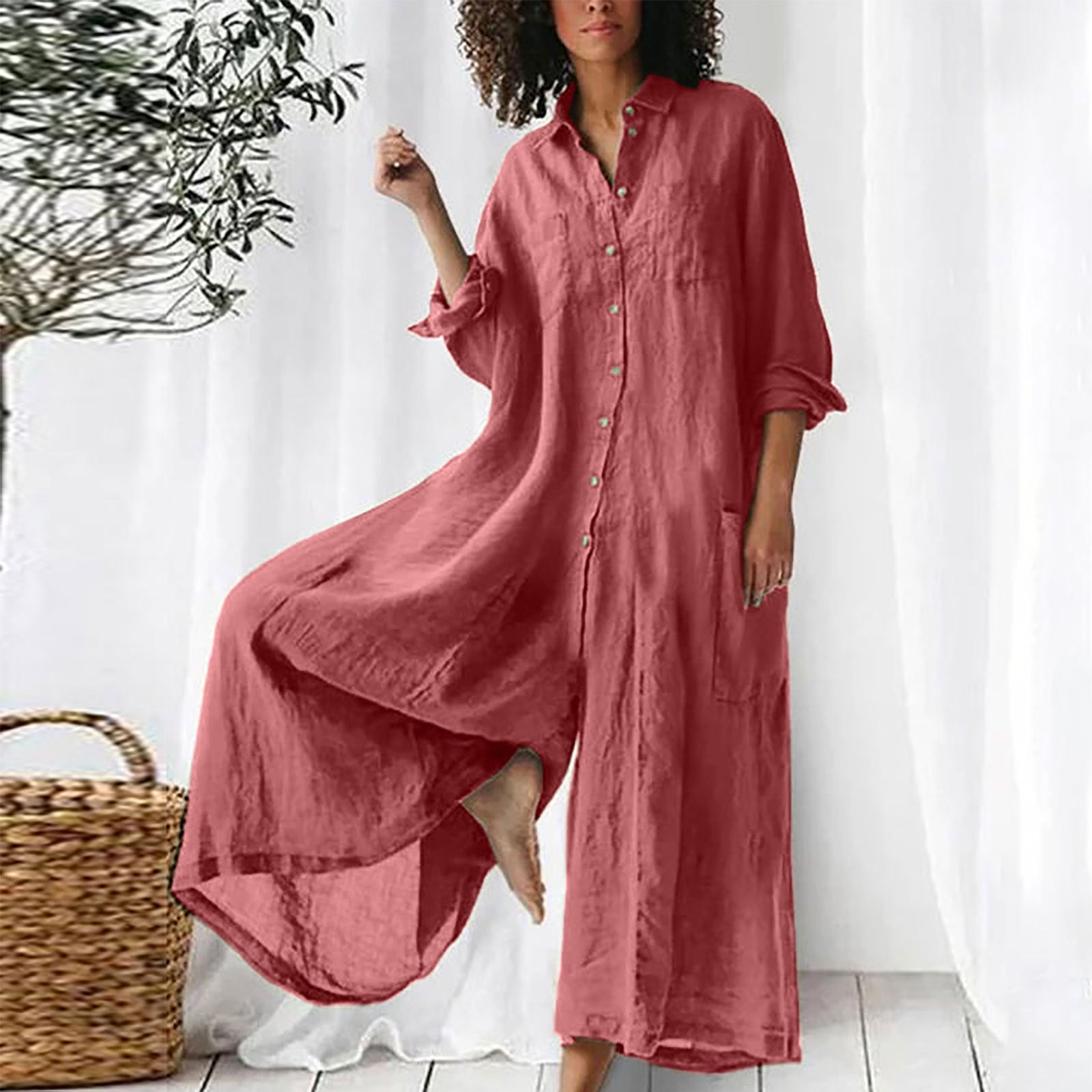 Solid color Casual long sleeve loose Women Linen Jumpsuit 10