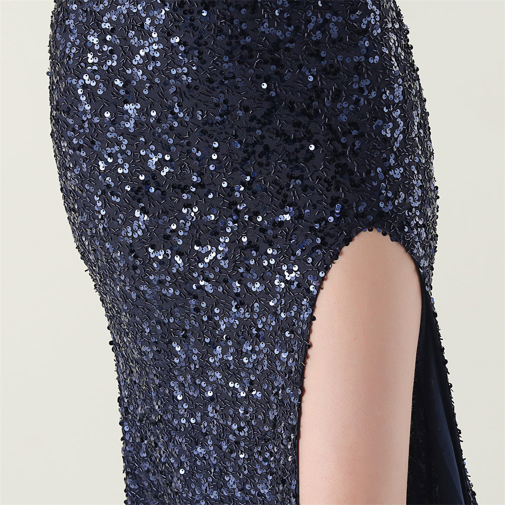 Women beaded tube sequin spaghetti strap cross lace-up evening slit evening dress 34