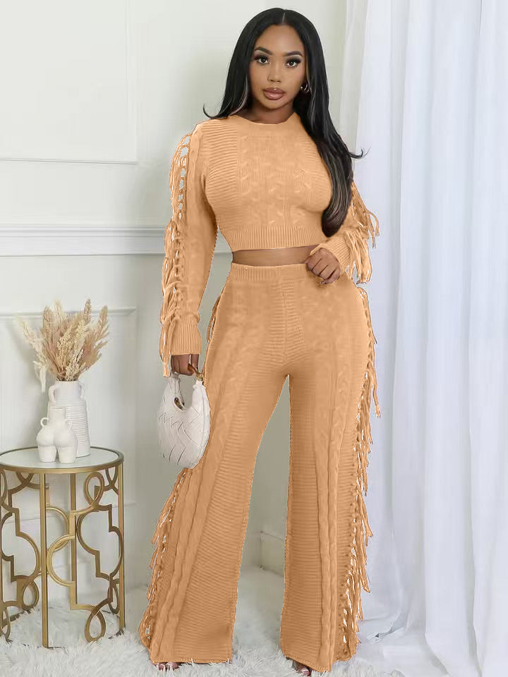 Women Casual Solid Knitting Long-Sleeved Tassel Top and Pant Two-Piece Set 6