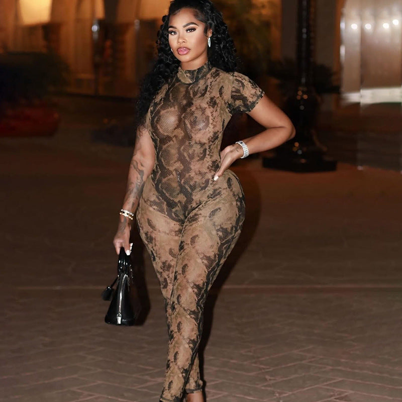 Summer Women sexy backless print see-through mesh jumpsuit 3