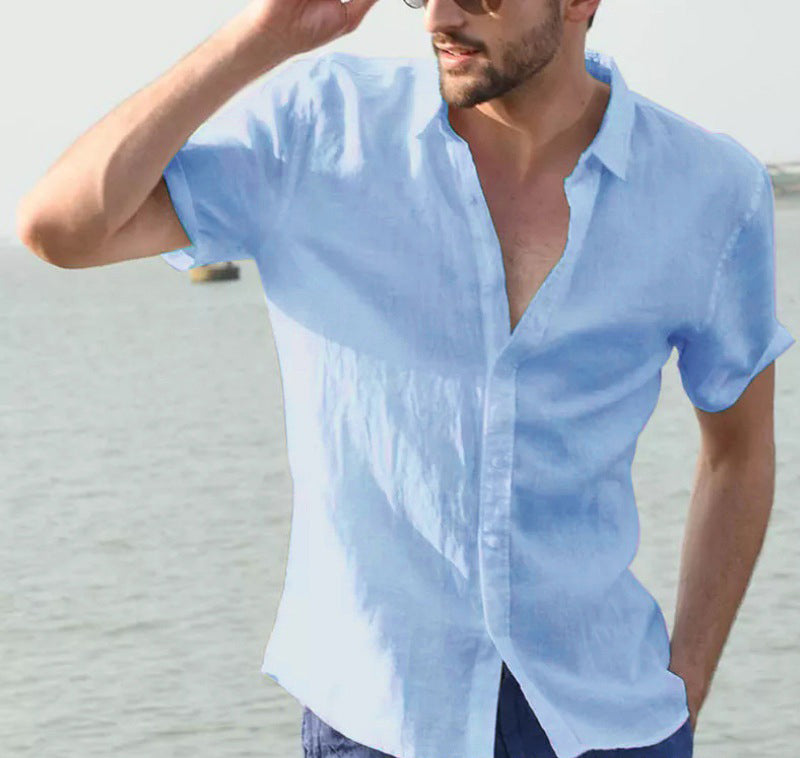 Men's Summer Solid Short Sleeve Turndown Collar Trendy Casual Shirt 4