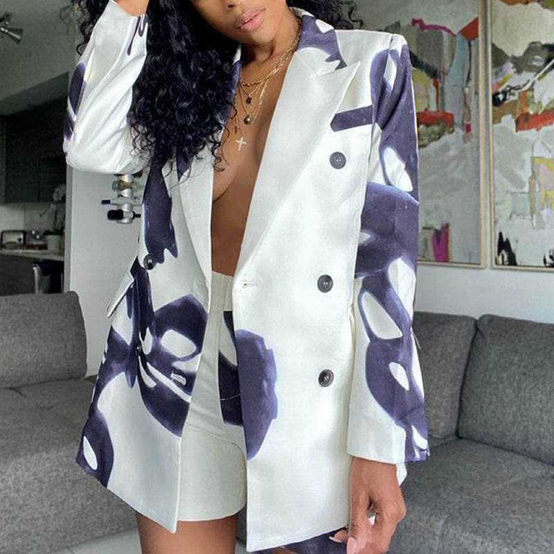 Women Fall/Winter Printed Blazer and Shorts Two-Piece Set 5