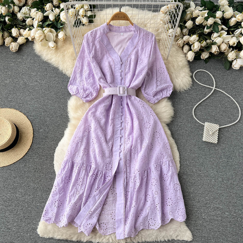 V-Neck Hollow-Out Dress Puff Sleeve Loose Embroidery Slim Waist Slim Fit  V-Neck Hollow-Out Dress 5