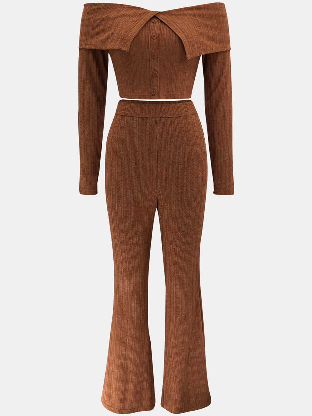 Summer Women's Clothing Solid Color Fashion Off Shoulder Long Sleeve Top Wide Leg Pants Two Piece Set 11