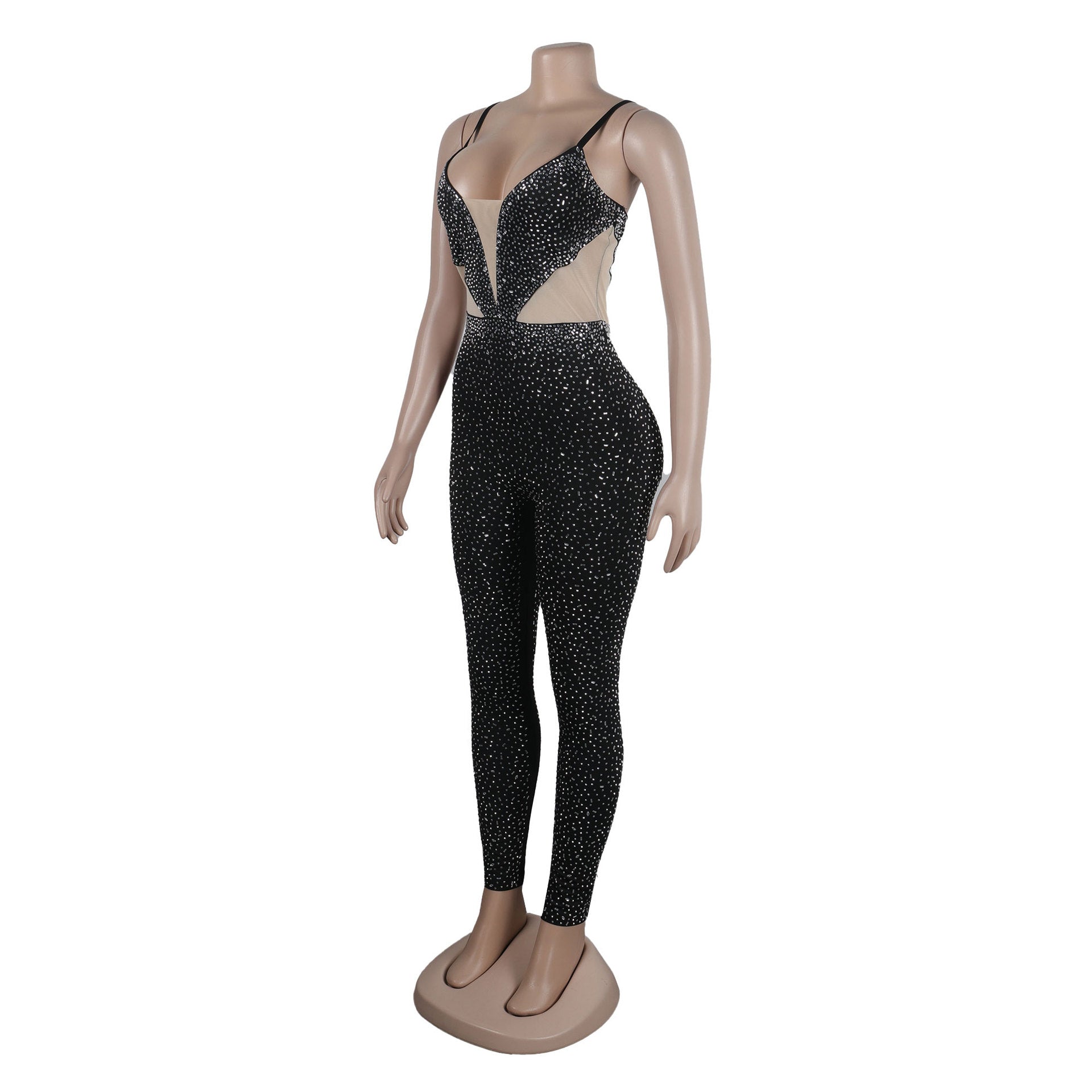 Women Beaded Stretch Suspender Bodycon Jumpsuit 16