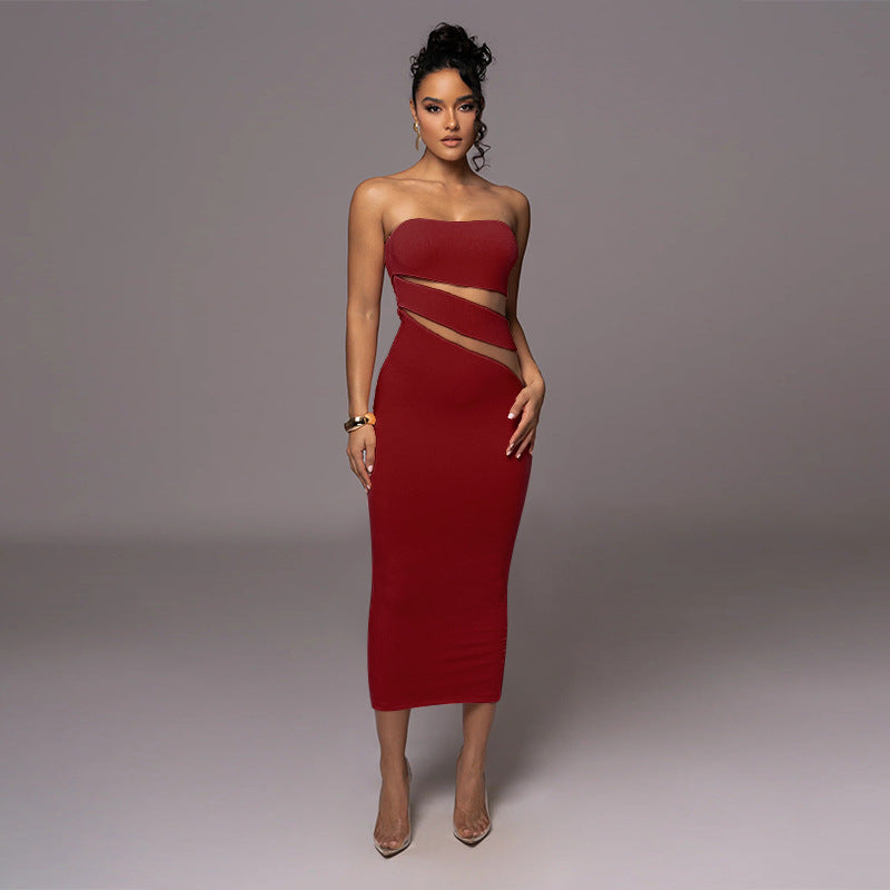 Sexy Strapless Hollow Bodycon Slim Long Party Dress 4