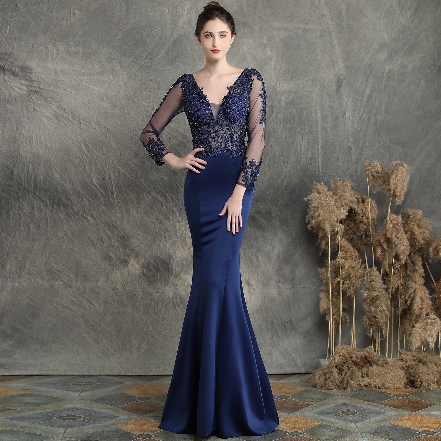 Women Beaded Long Sleeve Fishtail Evening Dress 4