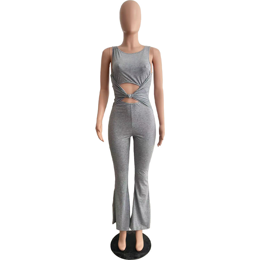 Trendy Solid Knotted High Stretch Wide Leg Jumpsuit 13