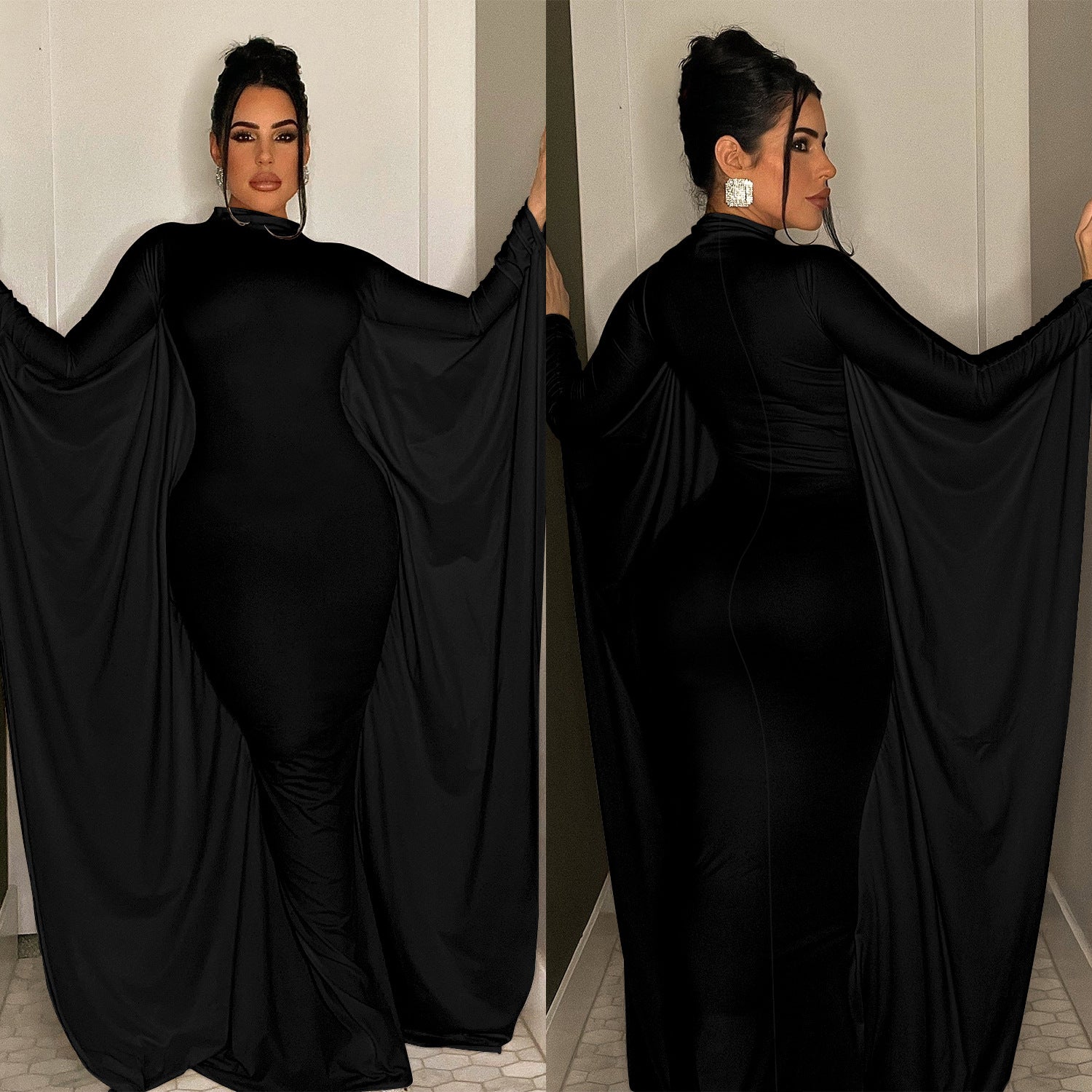 Women's fashion solid color bat style long-sleeved long dress 8