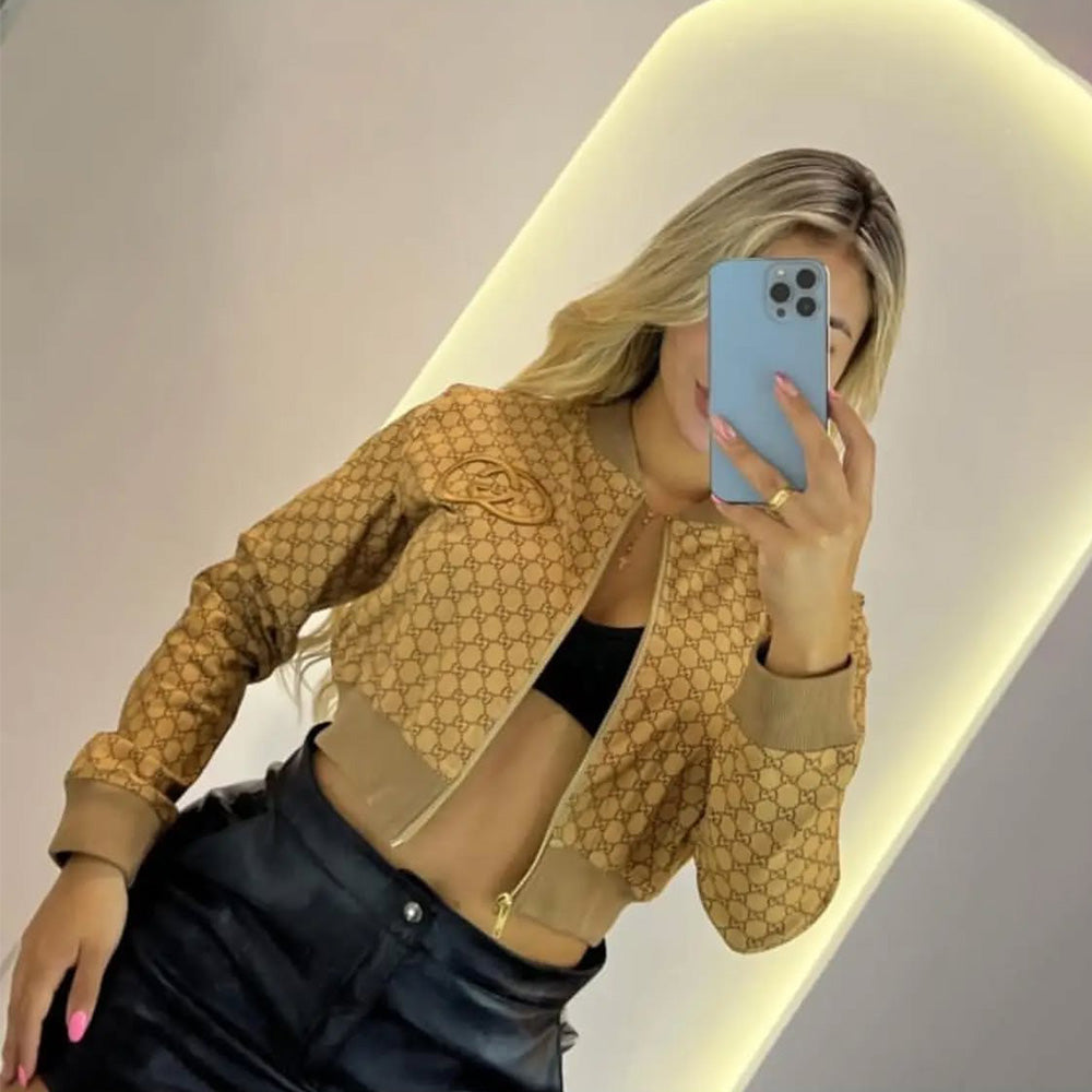 Women Printed Embroidered Ribbed Long-Sleeved Zippered Jacket 3