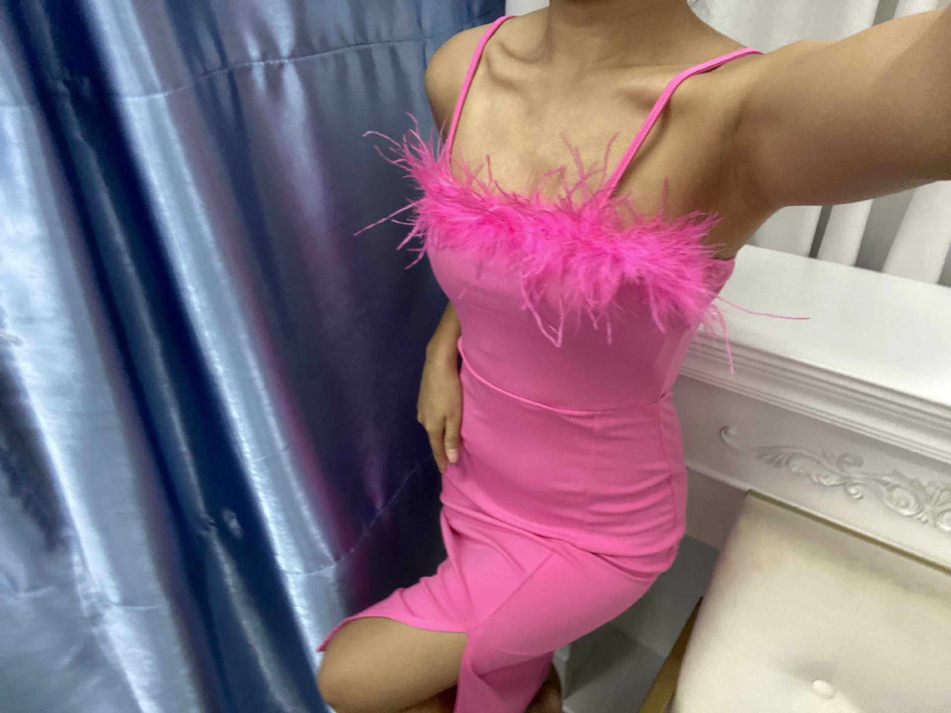 Fall Solid Sling Feather Trim High Slit Party Slim Dress 5