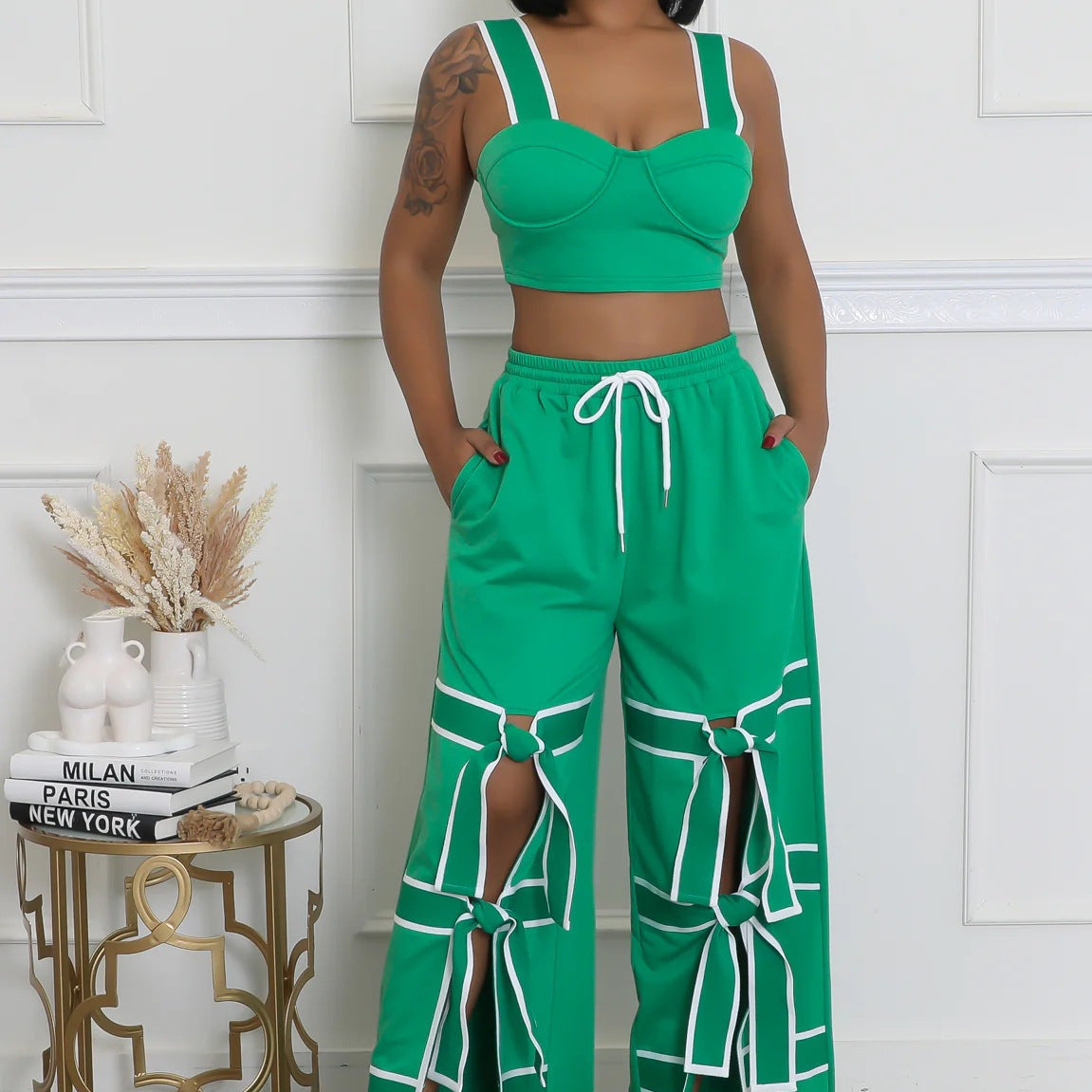 Women's Strap High-Waist Lace-Up Fashion Two Piece Pants Set 9