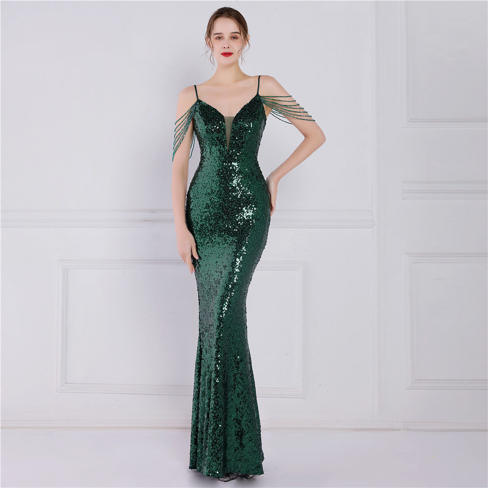 Women Summer Vintage Strap Sleeveless Solid Sequined Mermaid Evening Dress 3