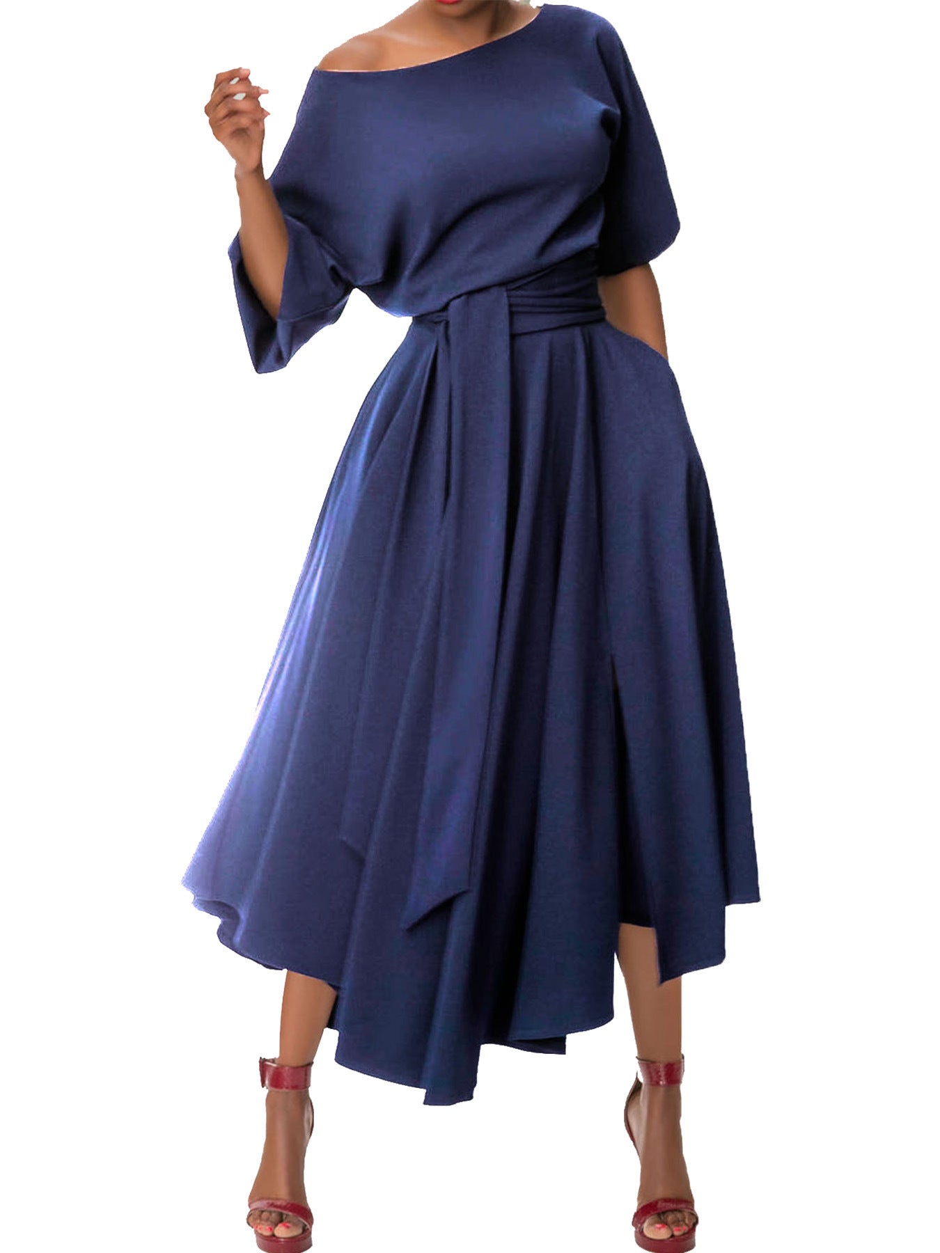 Chic Elegant Solid Color Slash Shoulder Belt Irregular Dress 16