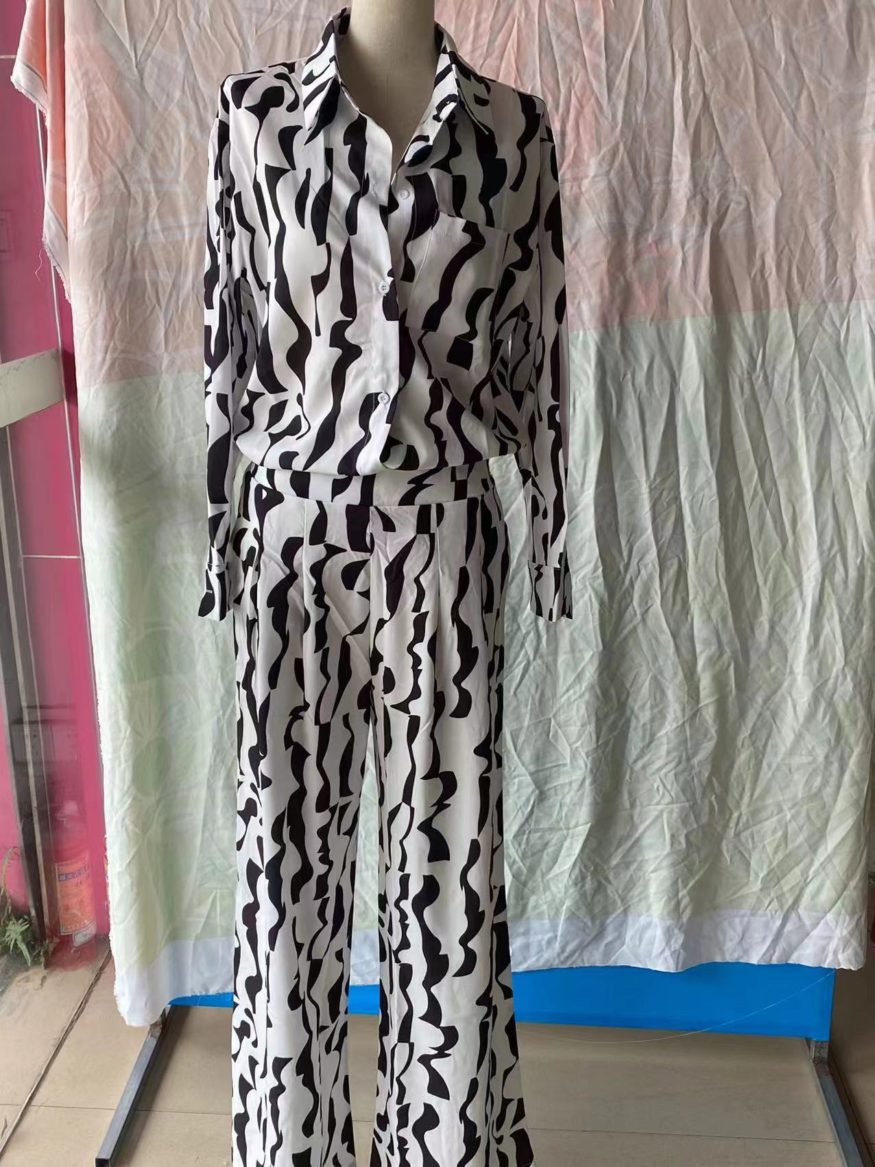 Women's Fashion Print Turndown Collar Long Sleeve Casual Shirt High Waist Straight Pants Set 9