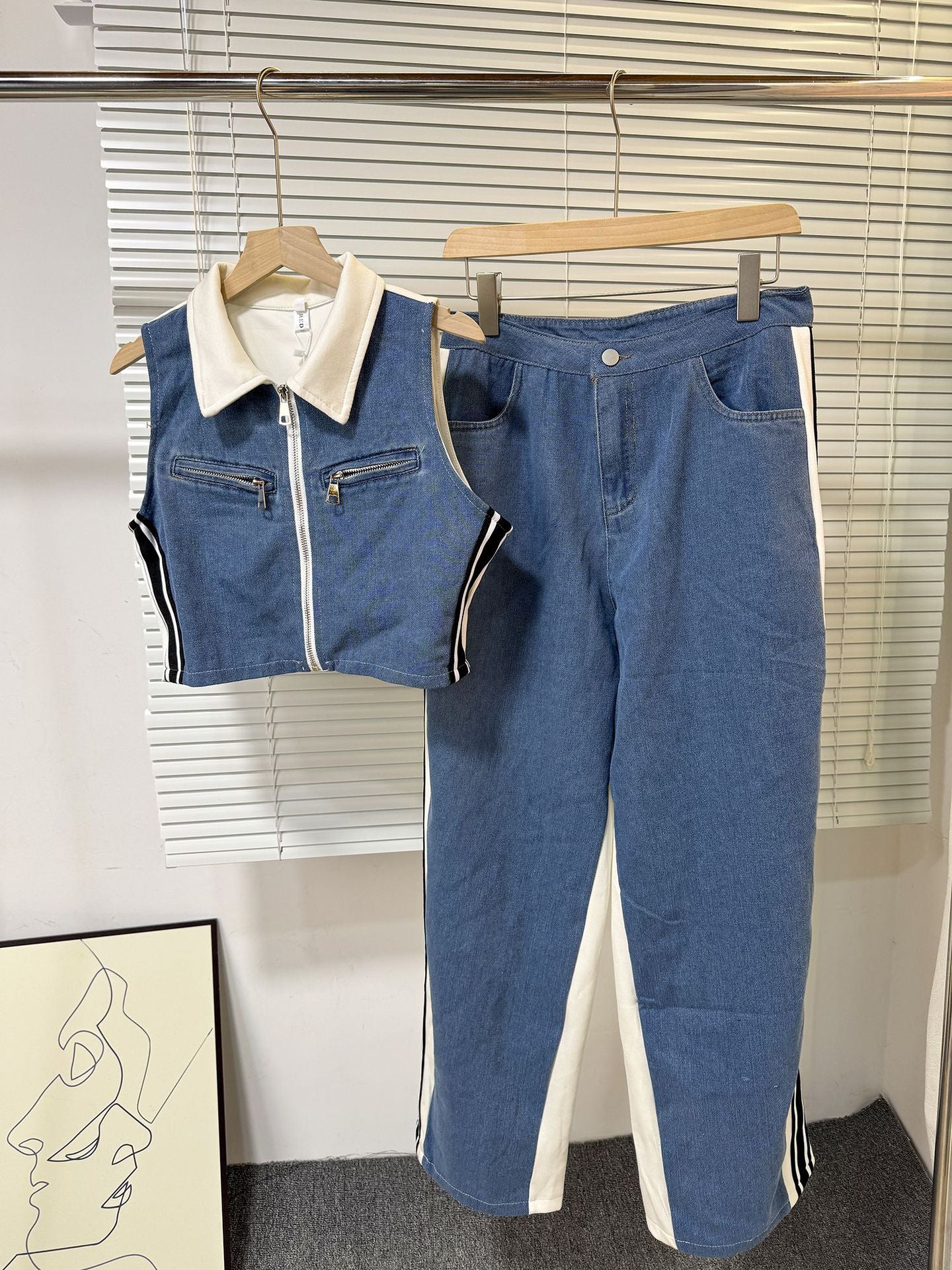 Summer Fashion Sleeveless Short Denim Patchwork Top Wide Leg Trousers Contrast Color Two piece Set for Women 5