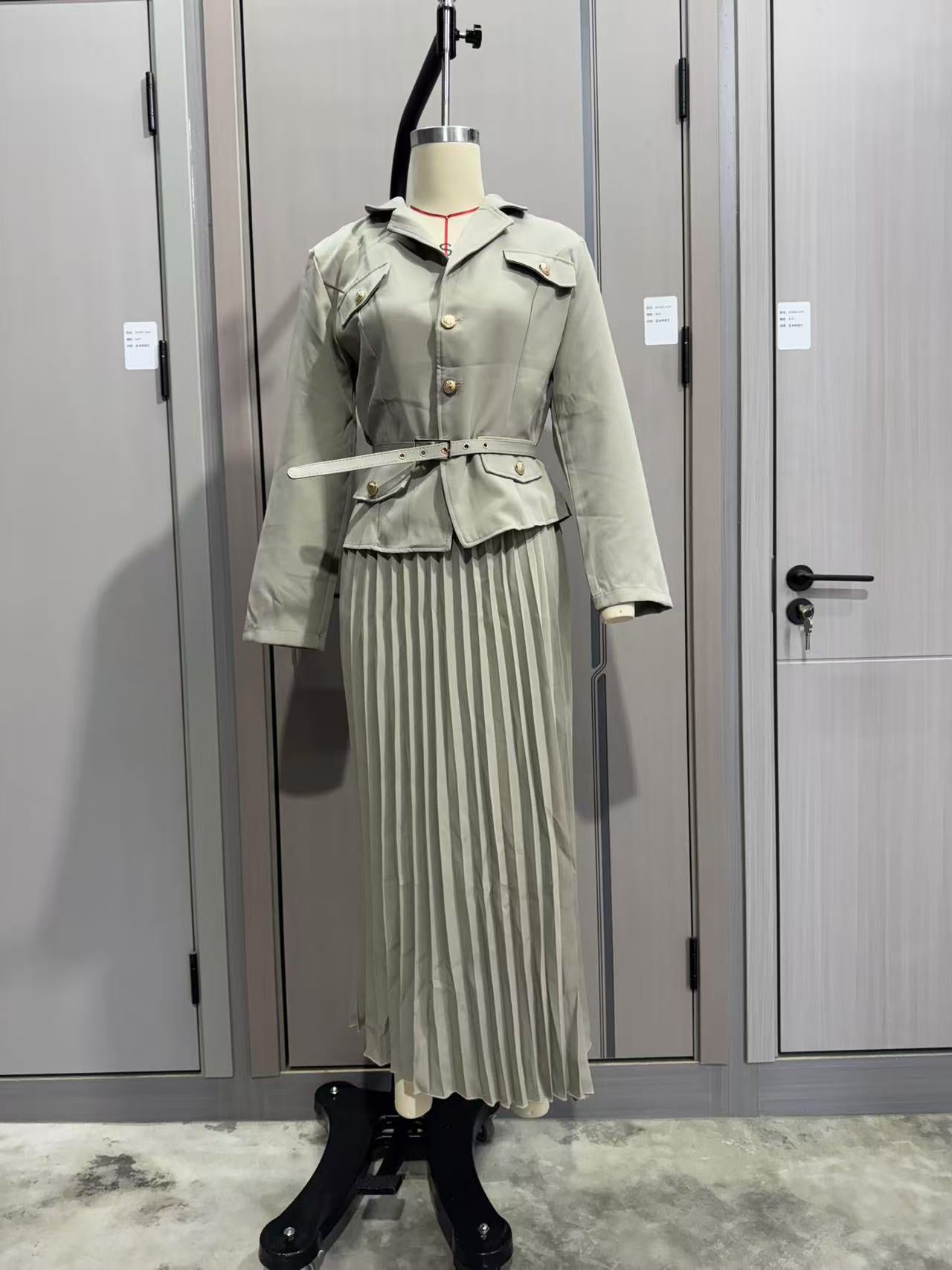 Women Button Blazer and Pleated Skirt Two Piece Set 27