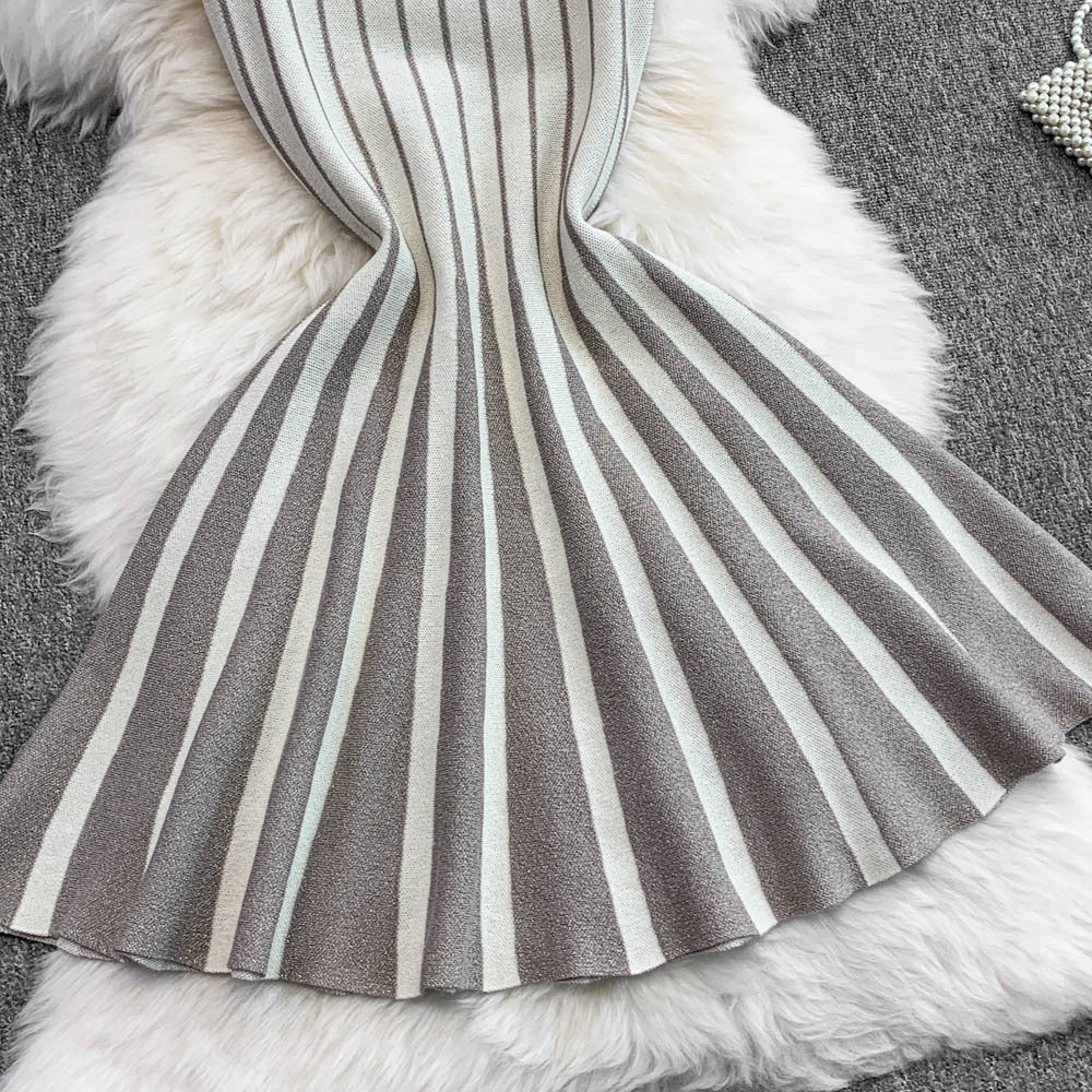 Chic Elegant Stripes Slim Waist Strap Knitting A-line Short Dress for Women 19