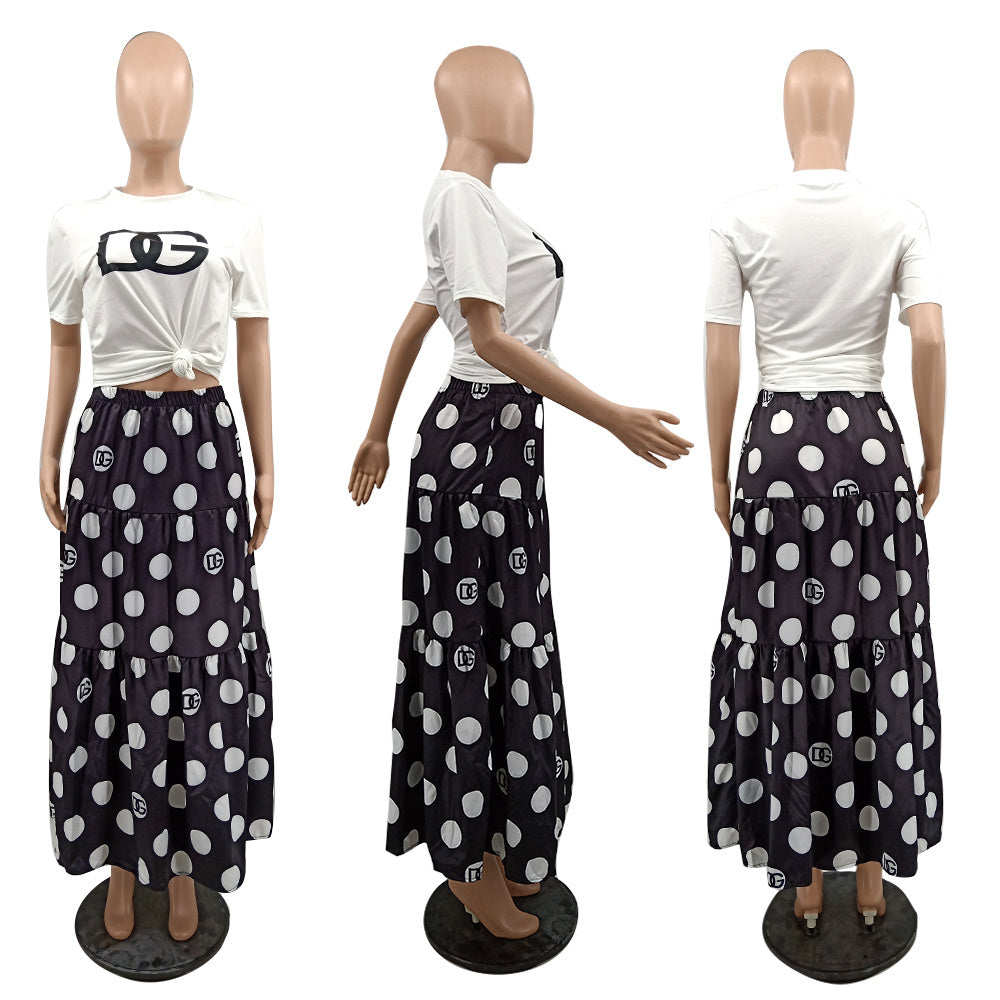 Women's Fashion Sexy Short Sleeve T-shirt Elegant Chic Print Flared Skirt Two-Piece Set 4