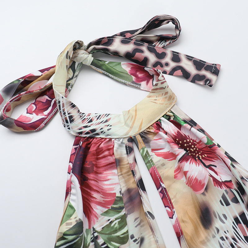 Summer Low Back Halter Neck Printed Hollow Short Dress 10