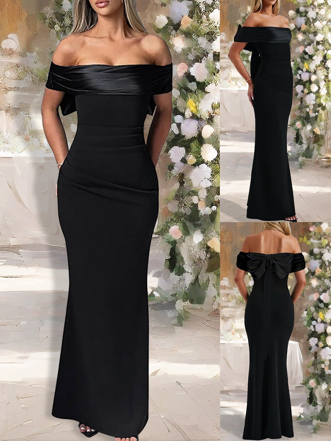 Women Elegant Off Shoulder Strapless Bowknot Maxi Dress