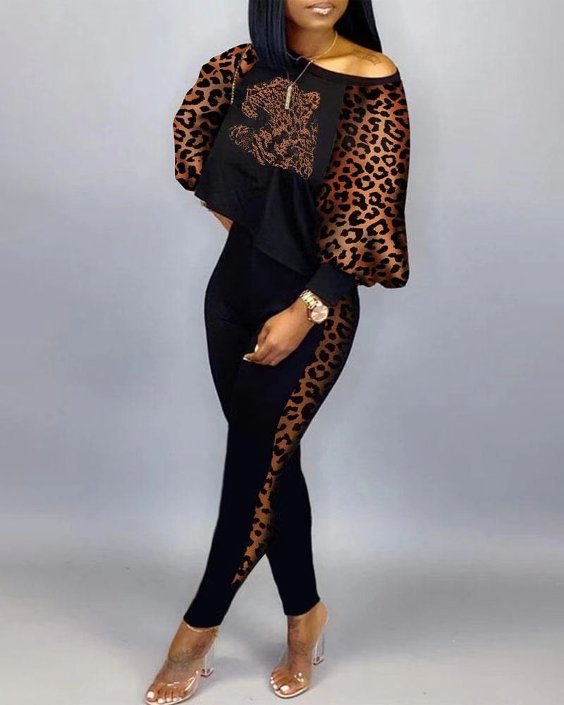 Women Long Sleeve Round Neck Print Off Shoulder Top and Pant Casual Two Piece Set 22