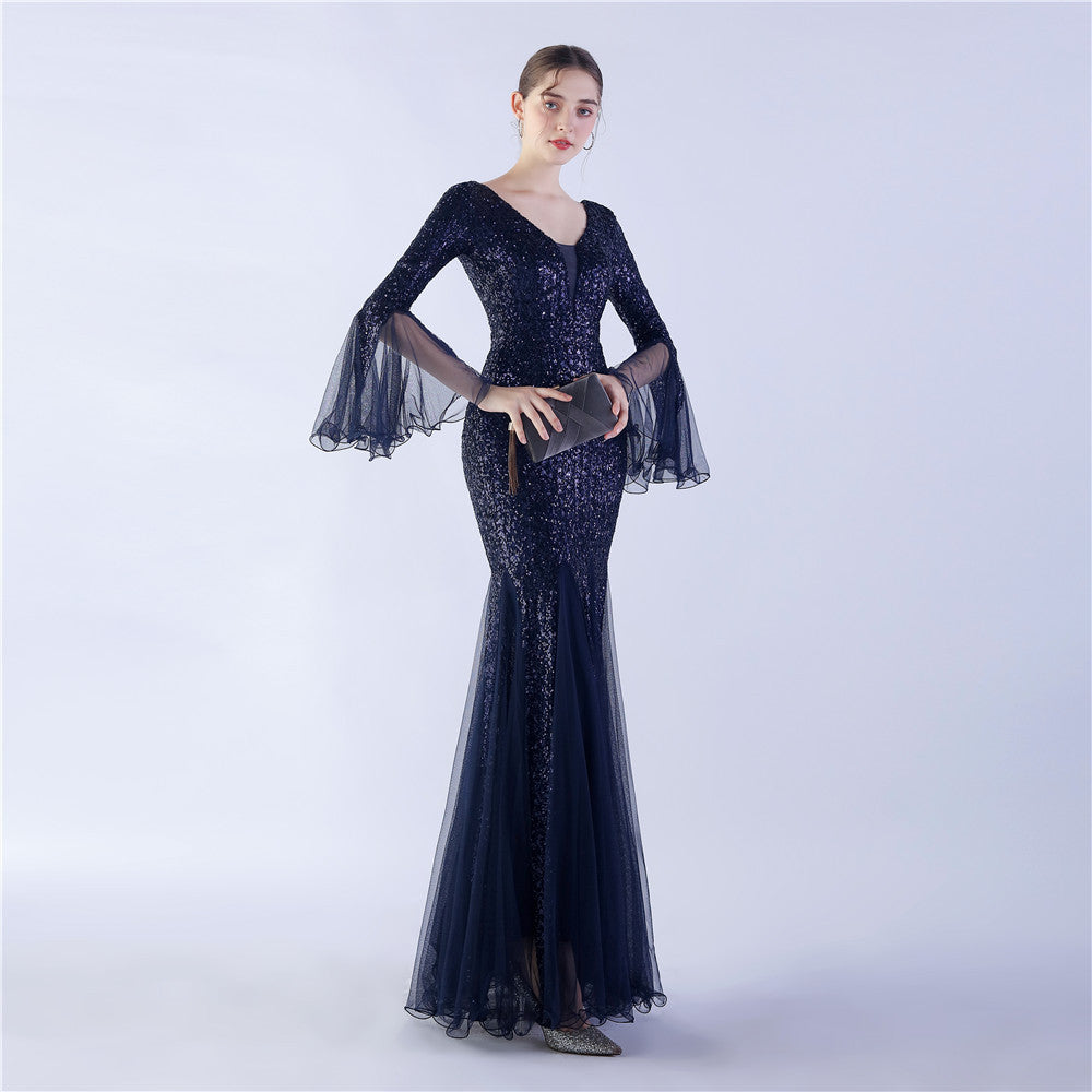 Elegant Flare Mesh Patchwork Mermaid Wedding Dinner Sequins Evening Dress 7