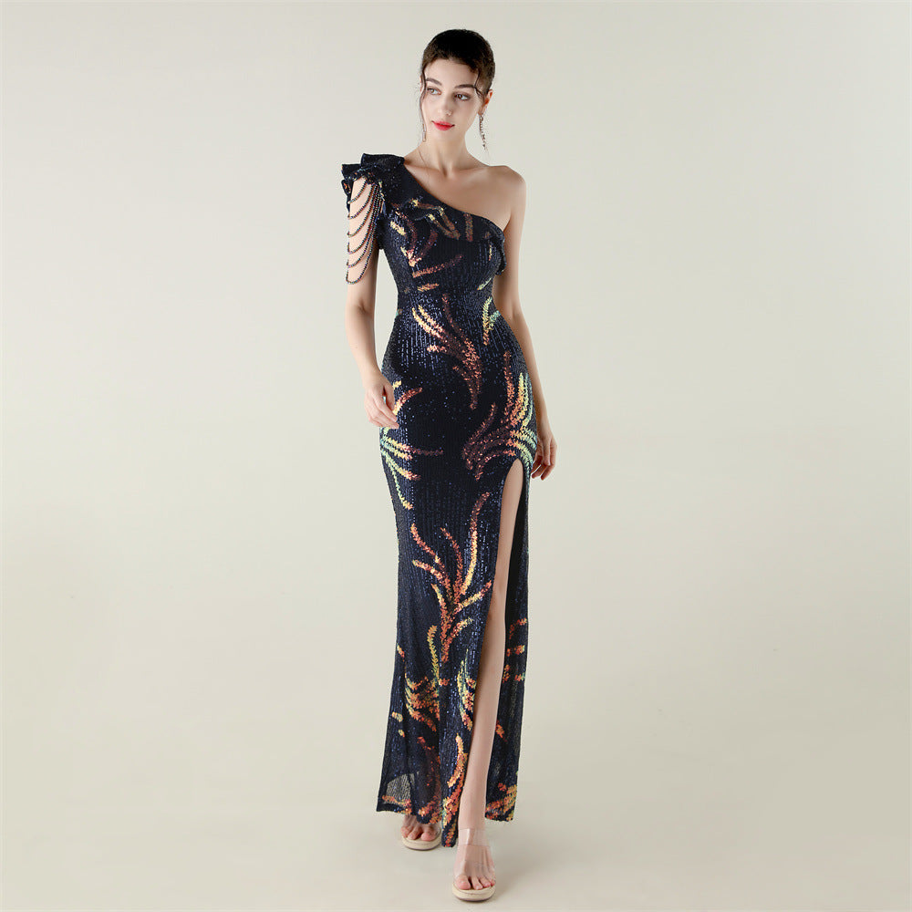Sequin Beaded One-Shoulder High Slit Fishtail Dinner Party Dress 11