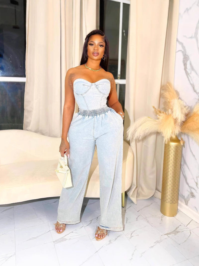 Women casual stretchy denim sleeveless top and pant two-piece suit 5