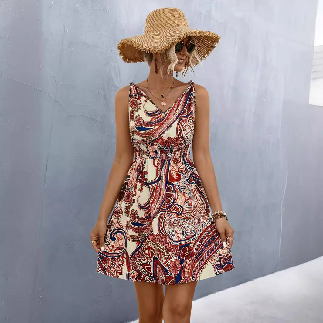 Spring Women's Printed V-Neck Sleeveless Casual Dress