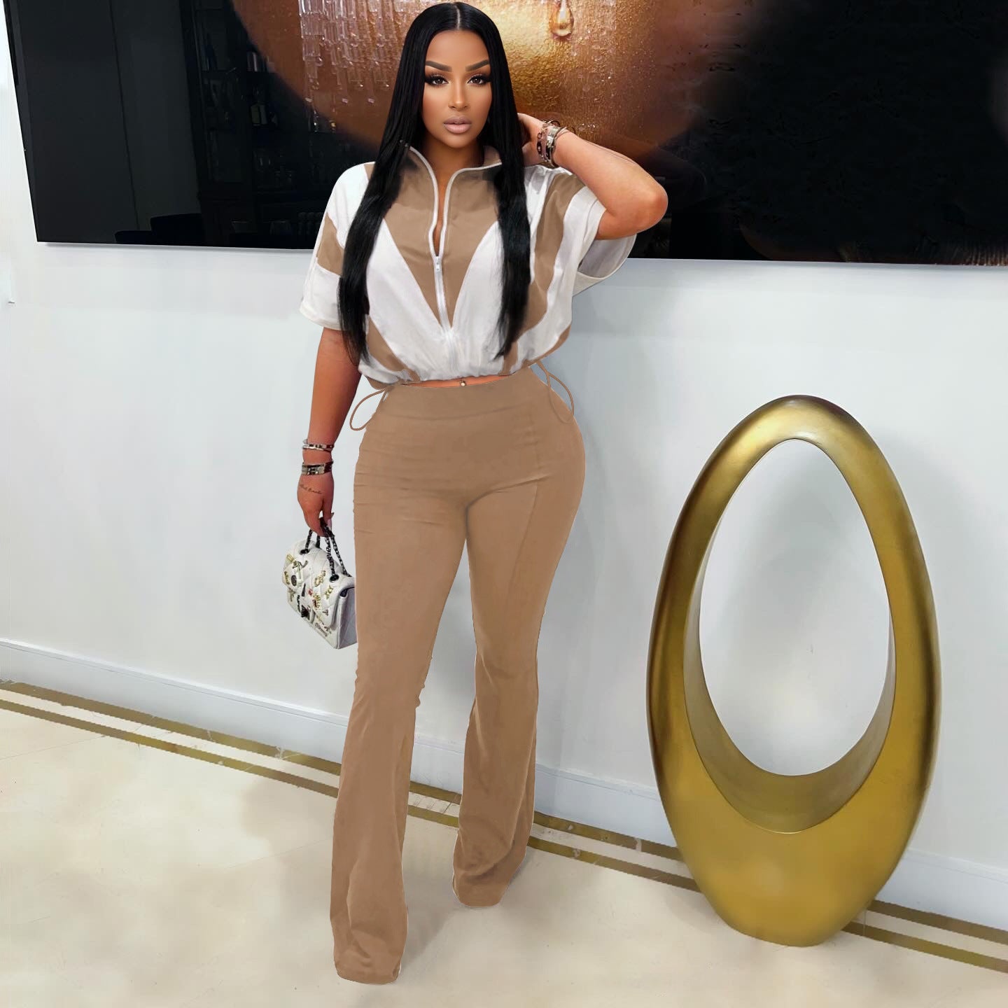 Casual Elastic Slim Waist Color Block Patchwork Sports Two Piece Pants Set for Women 3